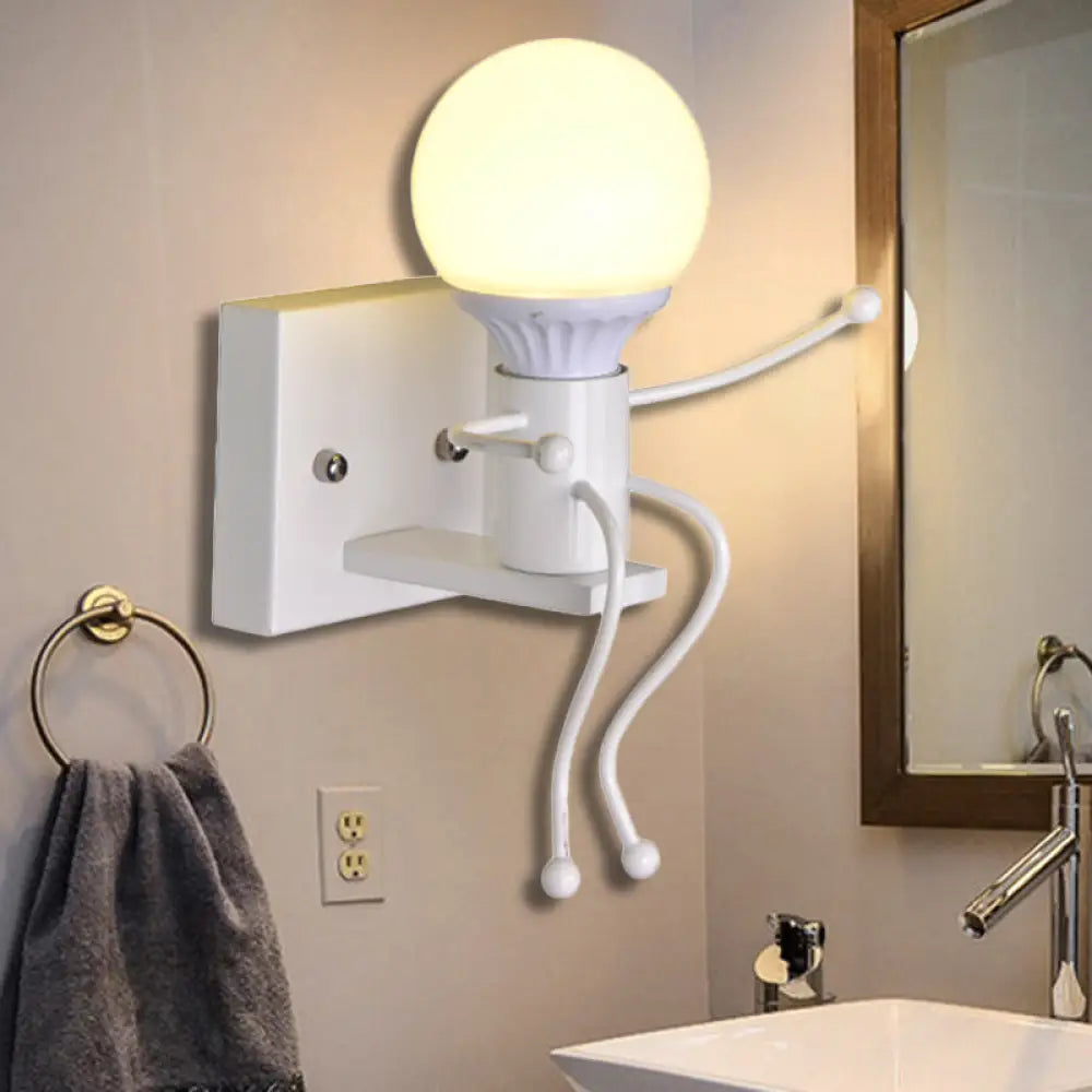 Modern Metal Little Robot Wall Light With Bare Bulb For Hallway And Bathroom White