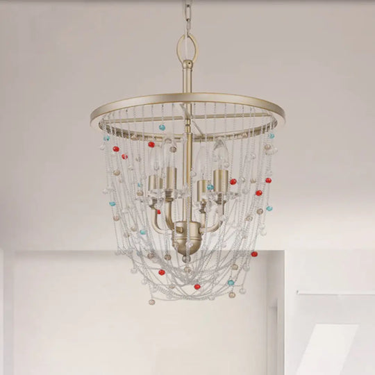 Modern Metal Living Room Chandelier With Crystal Bead Strand Decor Gold Finish 4-Light Candle Style