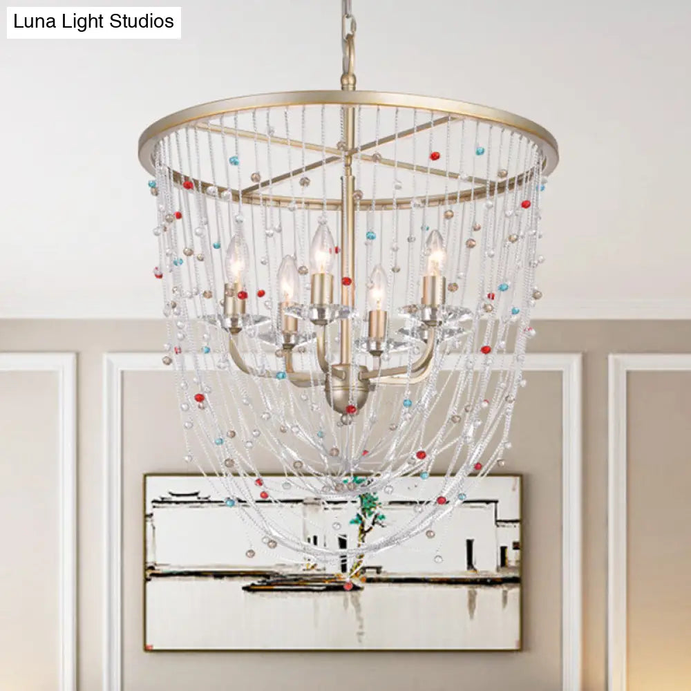 Modern Metal Living Room Chandelier - Candle Style With Crystal Bead Strand Decor Gold Finish 4