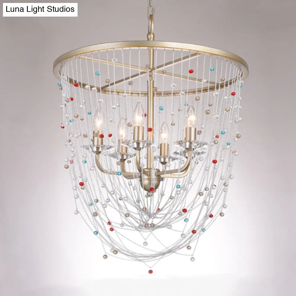 Modern Metal Living Room Chandelier With Crystal Bead Strand Decor Gold Finish 4-Light Candle Style