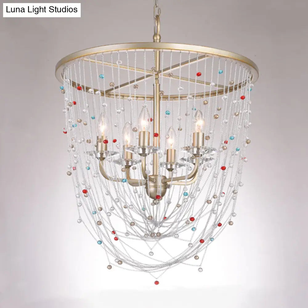 Modern Metal Living Room Chandelier - Candle Style With Crystal Bead Strand Decor Gold Finish 4