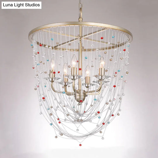 Modern Metal Living Room Chandelier - Candle Style With Crystal Bead Strand Decor Gold Finish 4