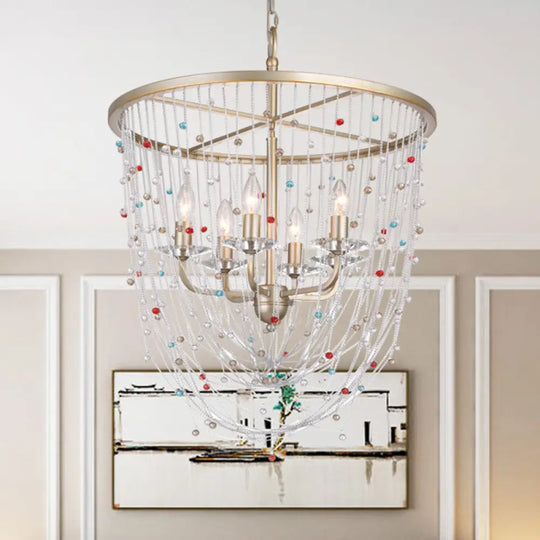 Modern Metal Living Room Chandelier With Crystal Bead Strand Decor Gold Finish 4-Light Candle Style