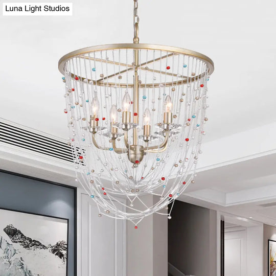 Modern Metal Living Room Chandelier - Candle Style With Crystal Bead Strand Decor Gold Finish 4