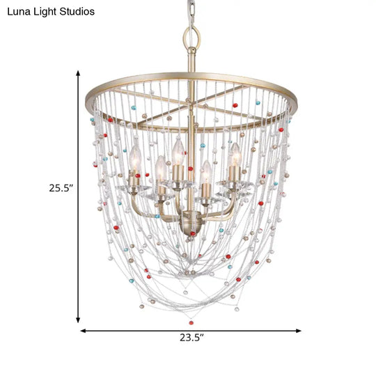 Modern Metal Living Room Chandelier With Crystal Bead Strand Decor Gold Finish 4-Light Candle Style