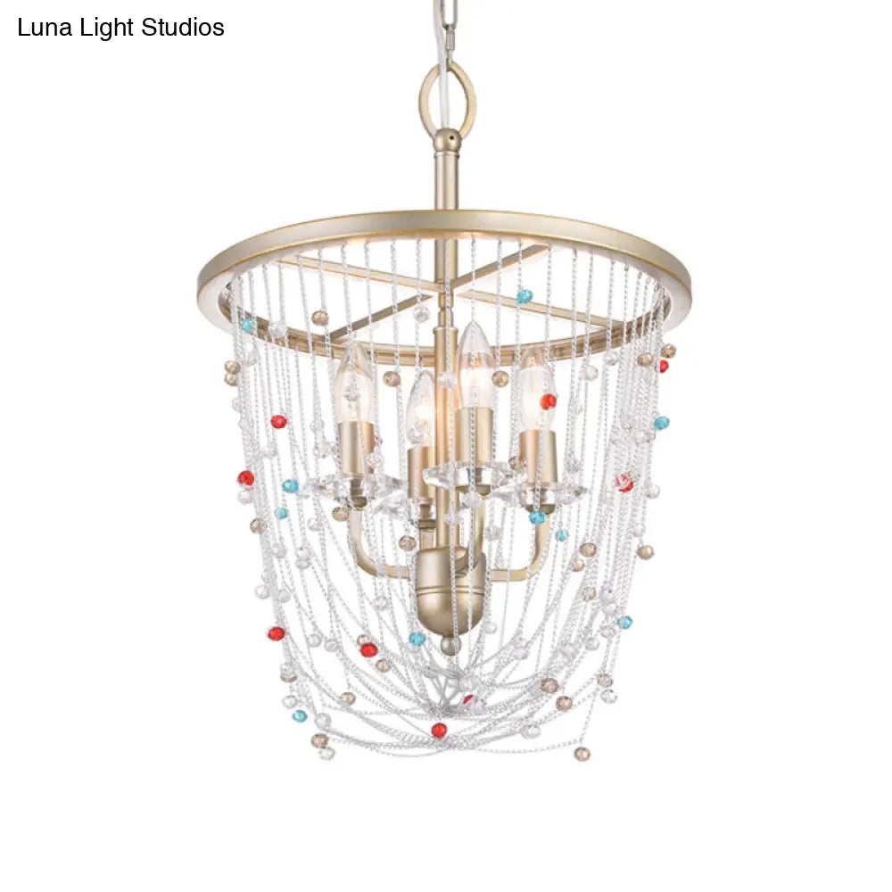 Modern Metal Living Room Chandelier - Candle Style With Crystal Bead Strand Decor Gold Finish 4