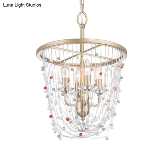 Modern Metal Living Room Chandelier - Candle Style With Crystal Bead Strand Decor Gold Finish 4