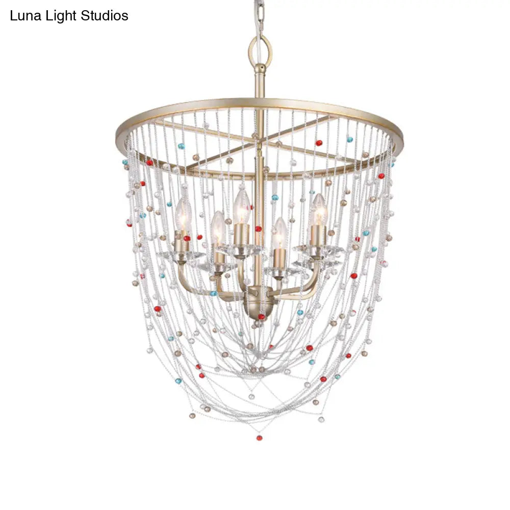 Modern Metal Living Room Chandelier - Candle Style With Crystal Bead Strand Decor Gold Finish 4