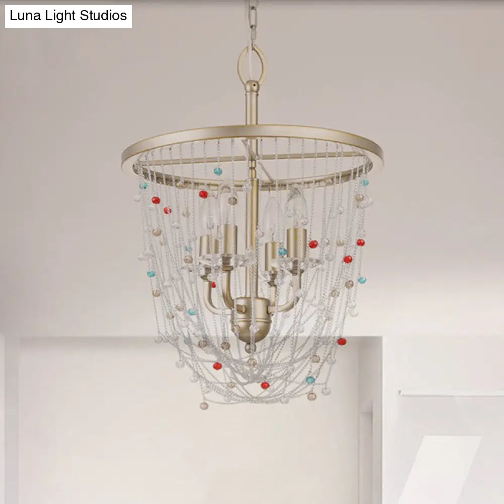 Modern Metal Living Room Chandelier - Candle Style With Crystal Bead Strand Decor Gold Finish 4