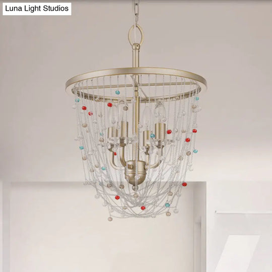 Modern Metal Living Room Chandelier - Candle Style With Crystal Bead Strand Decor Gold Finish 4