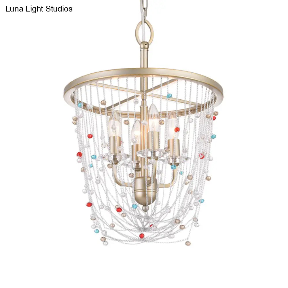 Modern Metal Living Room Chandelier With Crystal Bead Strand Decor Gold Finish 4-Light Candle Style