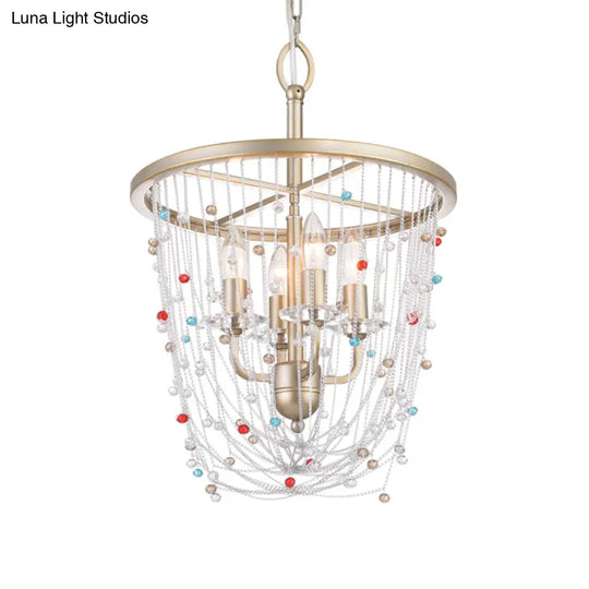 Modern Metal Living Room Chandelier With Crystal Bead Strand Decor Gold Finish 4-Light Candle Style