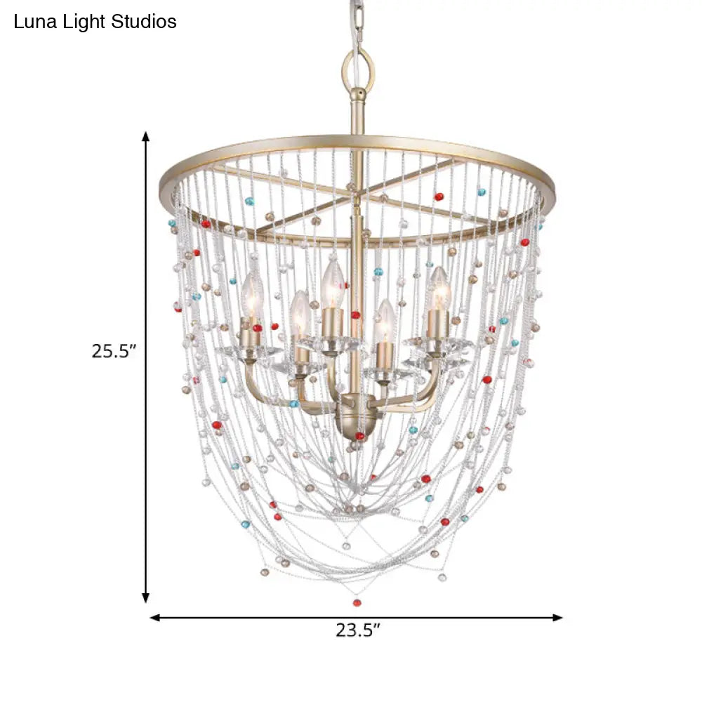 Modern Metal Living Room Chandelier - Candle Style With Crystal Bead Strand Decor Gold Finish 4