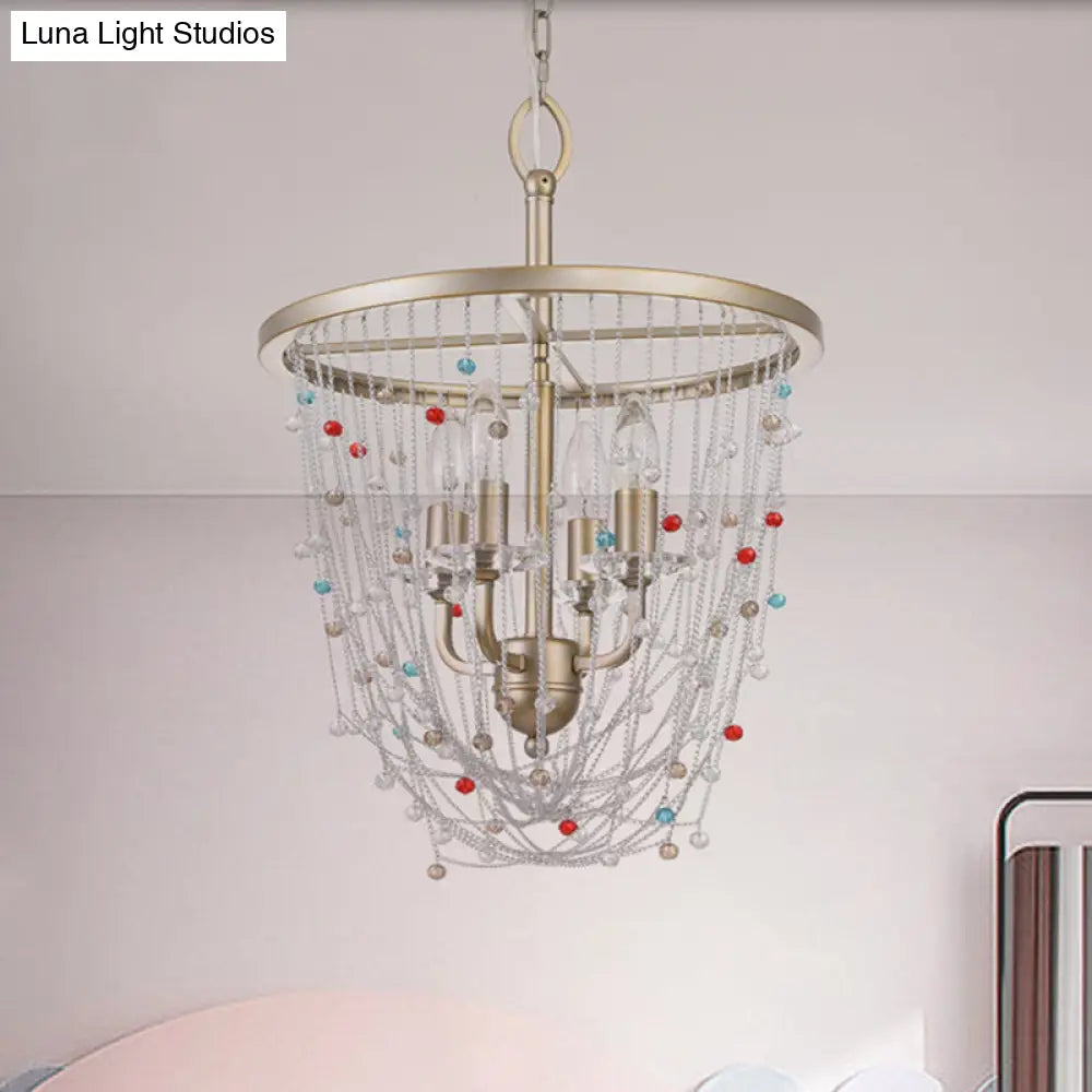 Modern Metal Living Room Chandelier With Crystal Bead Strand Decor Gold Finish 4-Light Candle Style