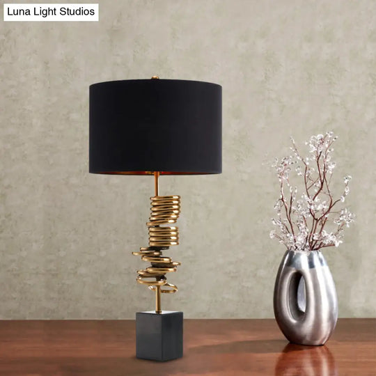 Modern Metal Multi Halo Ring Table Light - Brass Nightstand Lamp With Black Fabric Shade