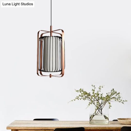 Modern Metal Pendant Lamp With Rose Gold Frame And Black Cage 1 Light White Fabric Shade