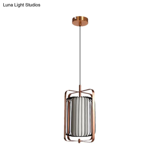 Modern Metal Pendant Lamp With Rose Gold Frame And Black Cage 1 Light White Fabric Shade