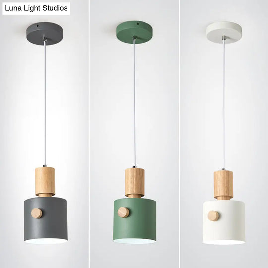 Modern Metal Pendant Light Kit With Wood Grip - Single Head Dining Room Ceiling Lamp