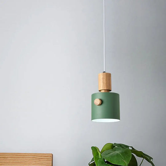 Modern Metal Pendant Light Kit With Wood Grip - Single Head Dining Room Ceiling Lamp Green