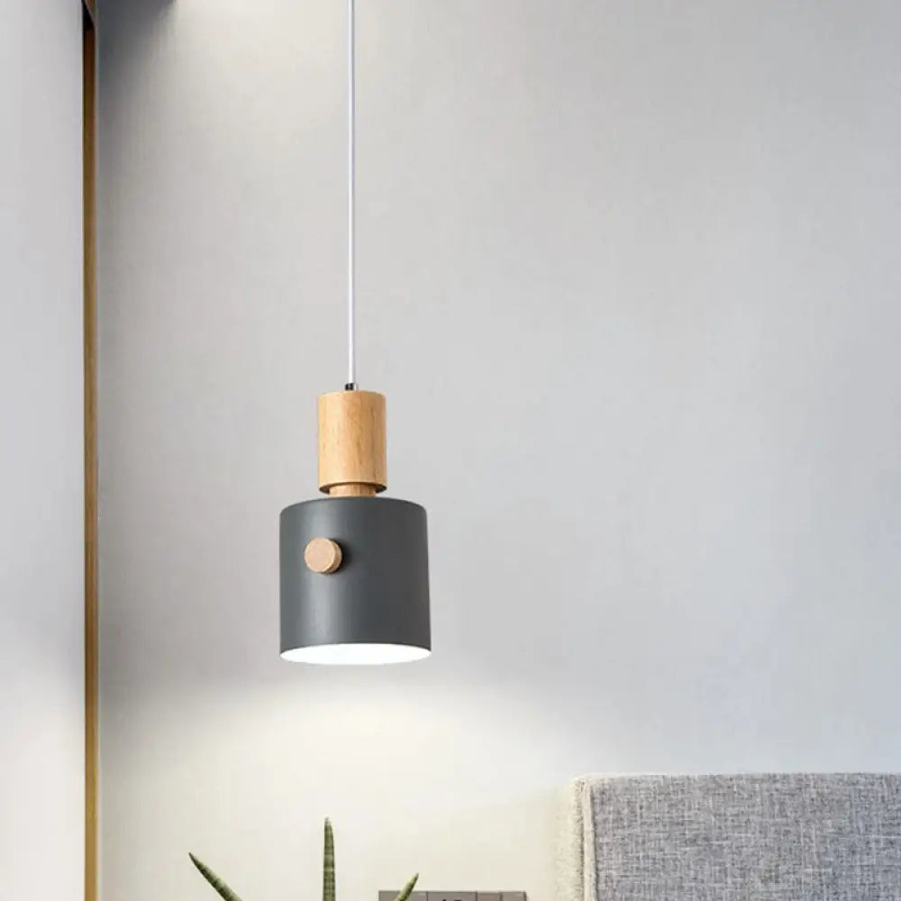 Modern Metal Pendant Light Kit With Wood Grip - Single Head Dining Room Ceiling Lamp Grey