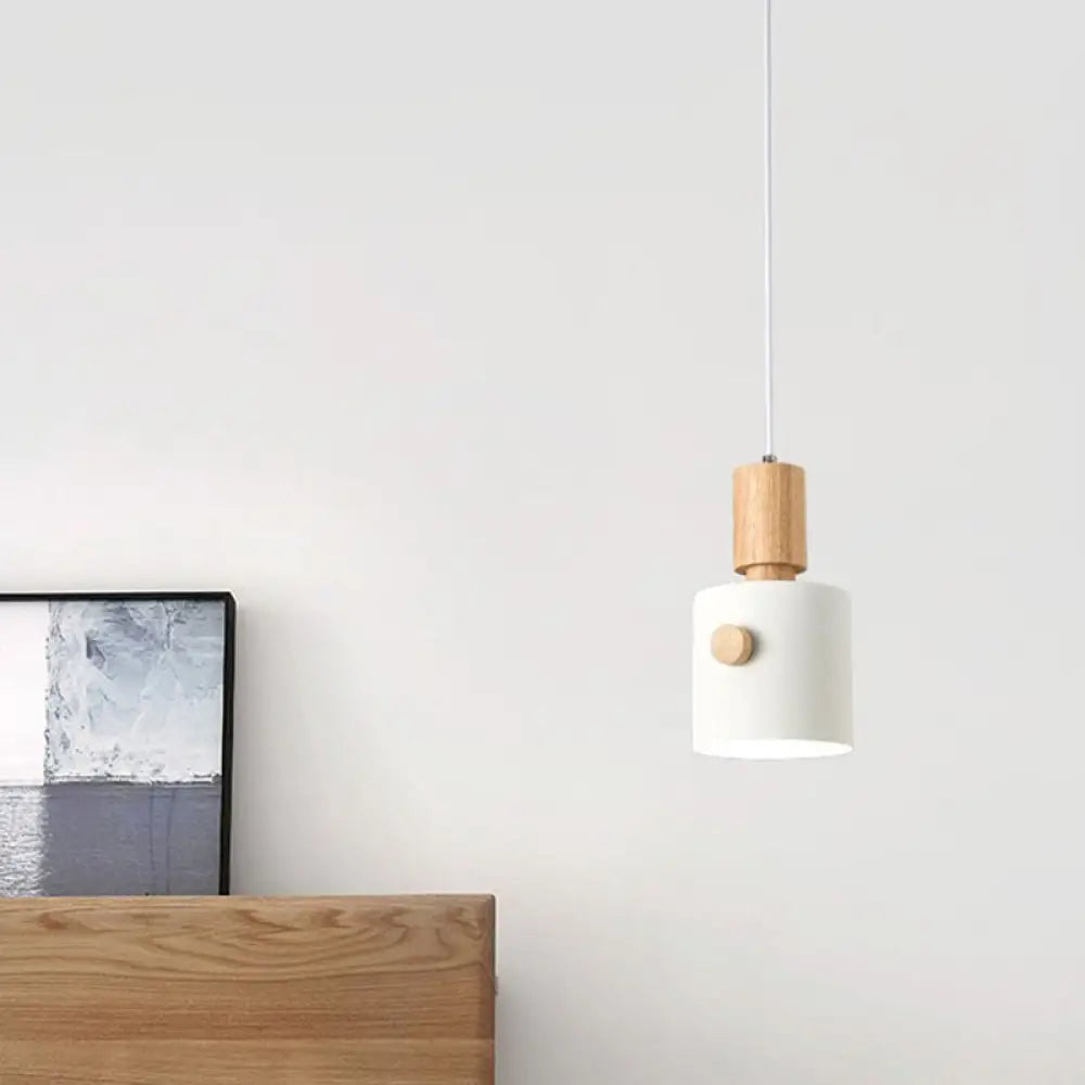 Modern Metal Pendant Light Kit With Wood Grip - Single Head Dining Room Ceiling Lamp White