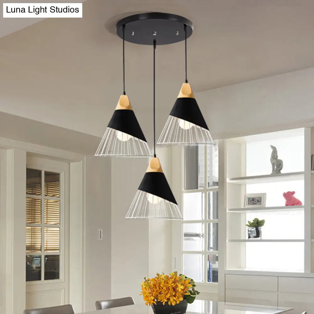 Modern 3-Light Metal Pendant With Cone Cage Shade Black/White Suspension Lamp Black