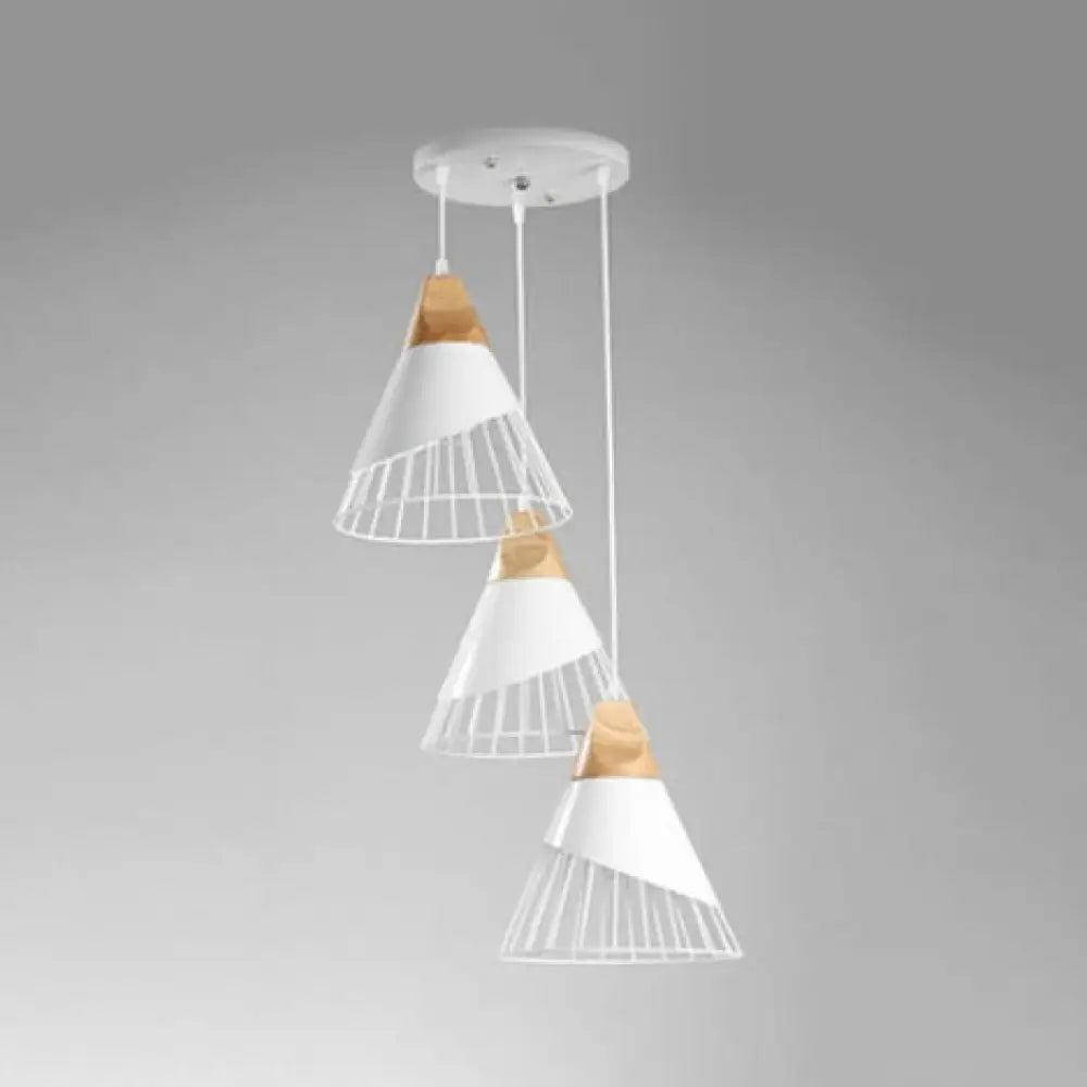 Modern Metal Pendant Light With 3 Cone Cage Shades - Black/White Finish Suspended Lamp White