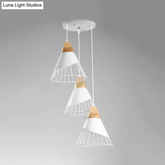 Modern 3-Light Metal Pendant With Cone Cage Shade Black/White Suspension Lamp White