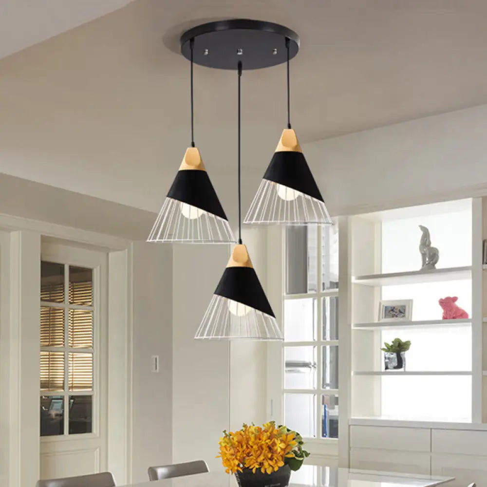 Modern Metal Pendant Light With 3 Cone Cage Shades - Black/White Finish Suspended Lamp Black