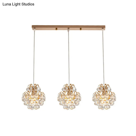 Modern Metal Pendant Light With Clear Crystal Balls And 3 Bulbs - Round/Linear Canopy Black/Gold