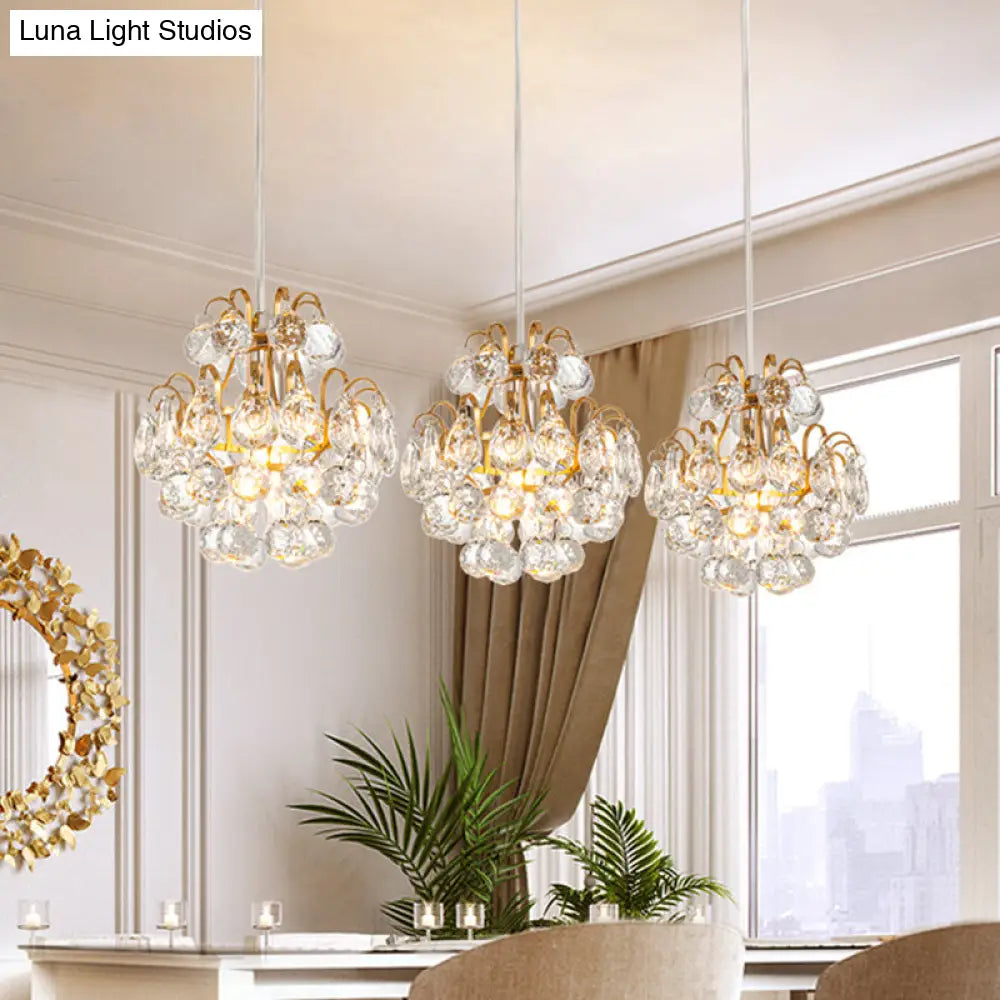 Modern Metal 3-Bulb Pendant Lamp With Clear Crystal Balls - Round/Linear Canopy Black/Gold Finish