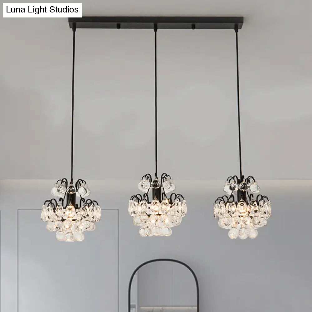 Modern Metal 3-Bulb Pendant Lamp With Clear Crystal Balls - Round/Linear Canopy Black/Gold Finish