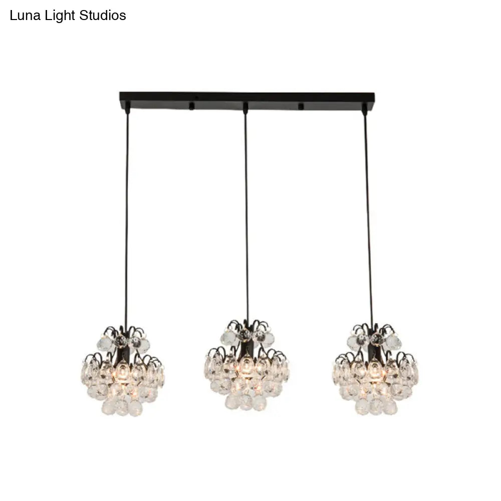 Modern Metal 3-Bulb Pendant Lamp With Clear Crystal Balls - Round/Linear Canopy Black/Gold Finish