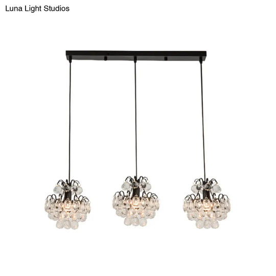 Modern Metal 3-Bulb Pendant Lamp With Clear Crystal Balls - Round/Linear Canopy Black/Gold Finish