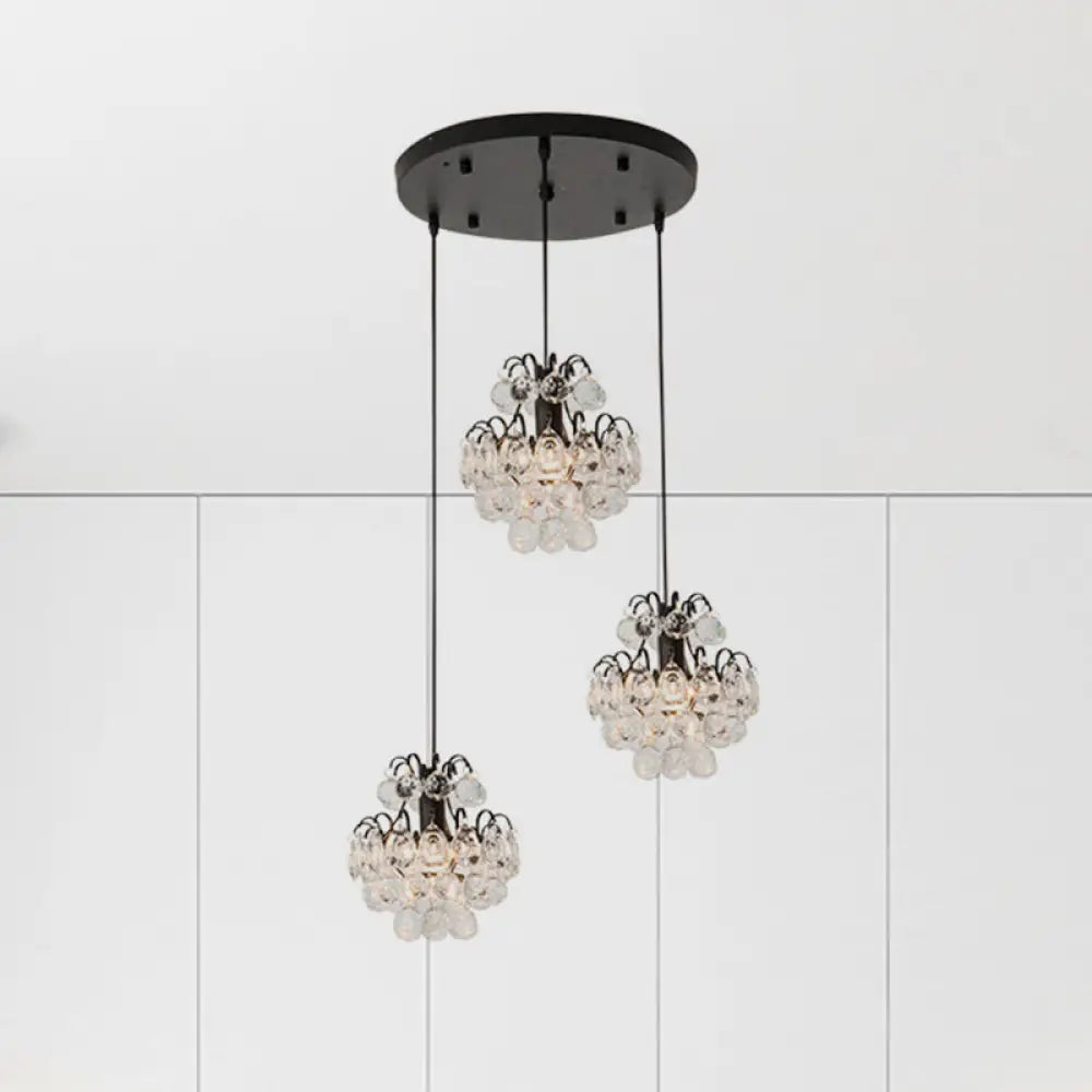 Modern Metal Pendant Light With Clear Crystal Balls And 3 Bulbs - Round/Linear Canopy Black/Gold