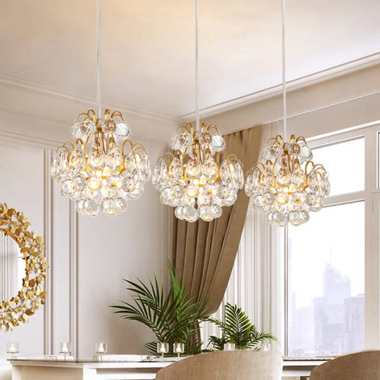 Modern Metal Pendant Light With Clear Crystal Balls And 3 Bulbs - Round/Linear Canopy Black/Gold