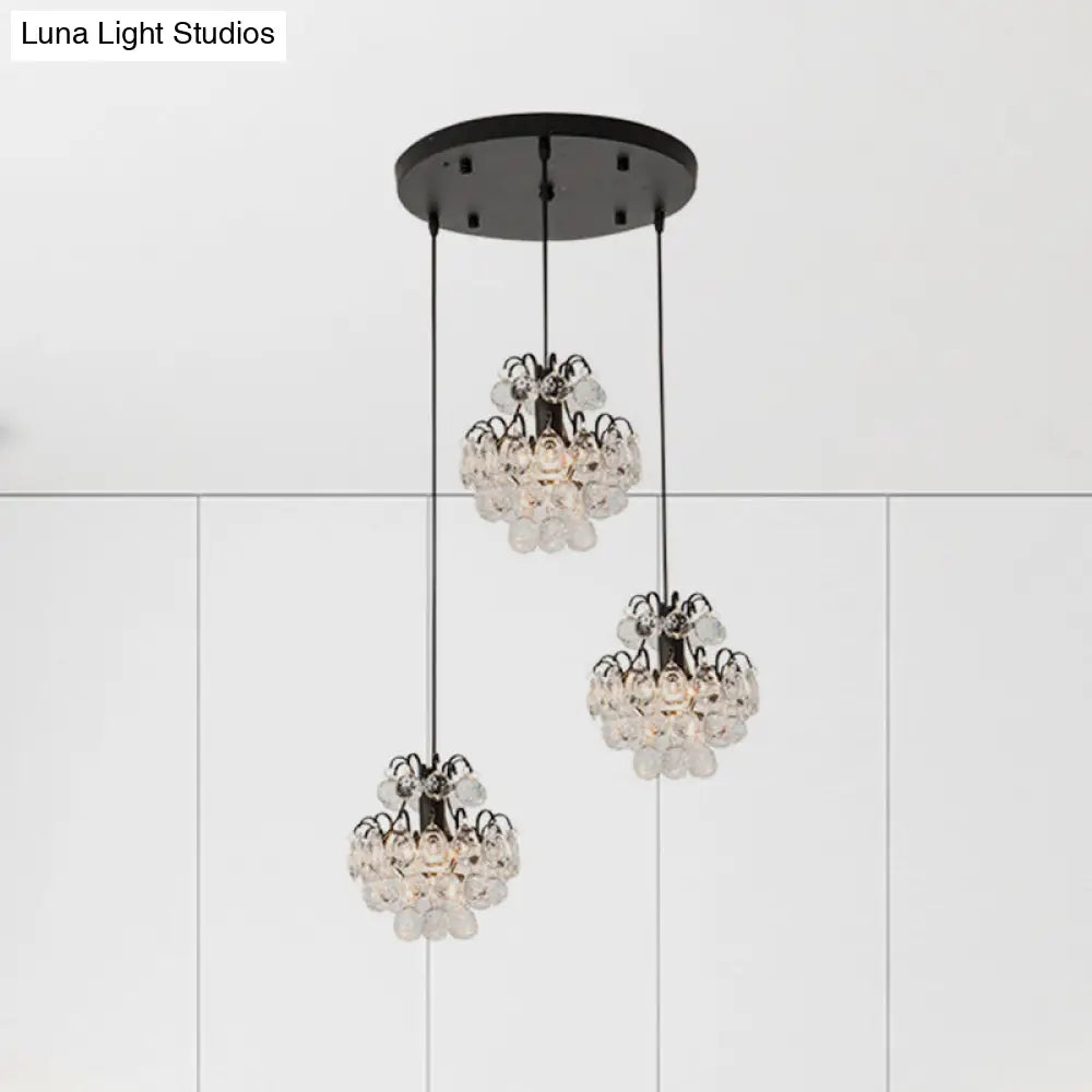 Modern Metal 3-Bulb Pendant Lamp With Clear Crystal Balls - Round/Linear Canopy Black/Gold Finish