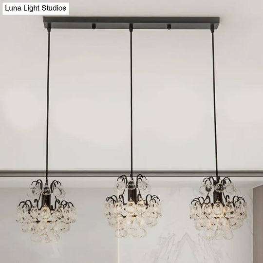 Modern Metal Pendant Light With Clear Crystal Balls And 3 Bulbs - Round/Linear Canopy Black/Gold