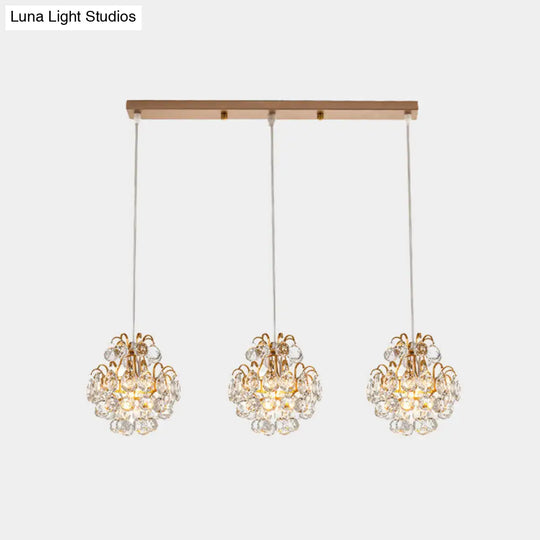 Modern Metal 3-Bulb Pendant Lamp With Clear Crystal Balls - Round/Linear Canopy Black/Gold Finish