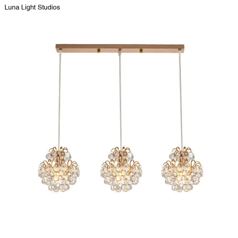 Modern Metal 3-Bulb Pendant Lamp With Clear Crystal Balls - Round/Linear Canopy Black/Gold Finish