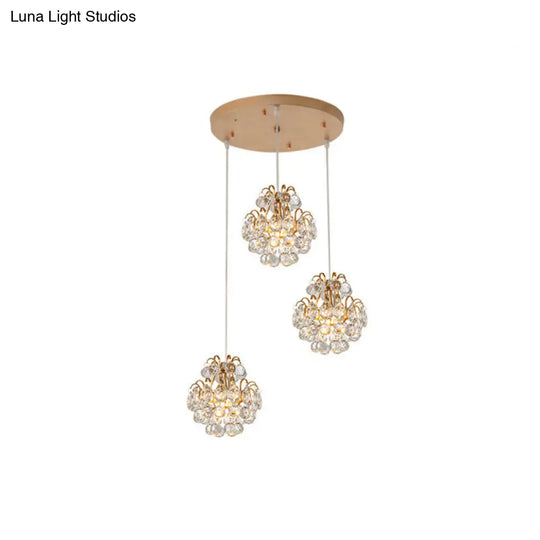 Modern Metal 3-Bulb Pendant Lamp With Clear Crystal Balls - Round/Linear Canopy Black/Gold Finish