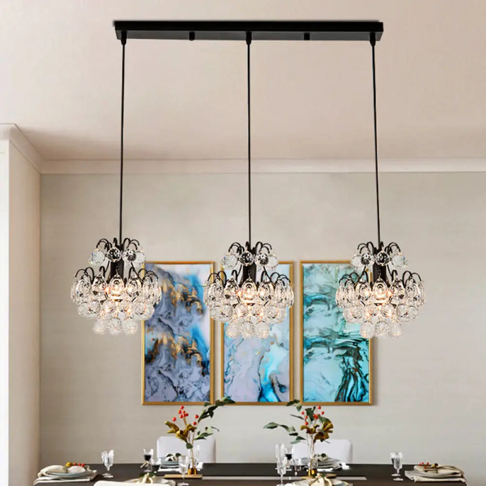 Modern Metal Pendant Light With Clear Crystal Balls And 3 Bulbs - Round/Linear Canopy Black/Gold