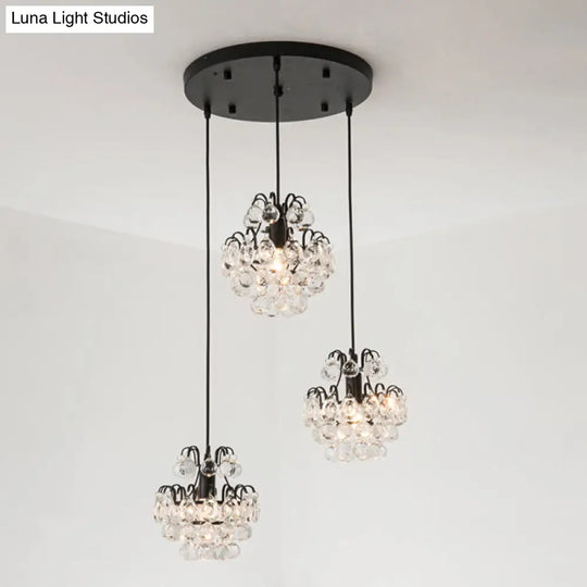 Modern Metal Pendant Light With Clear Crystal Balls And 3 Bulbs - Round/Linear Canopy Black/Gold