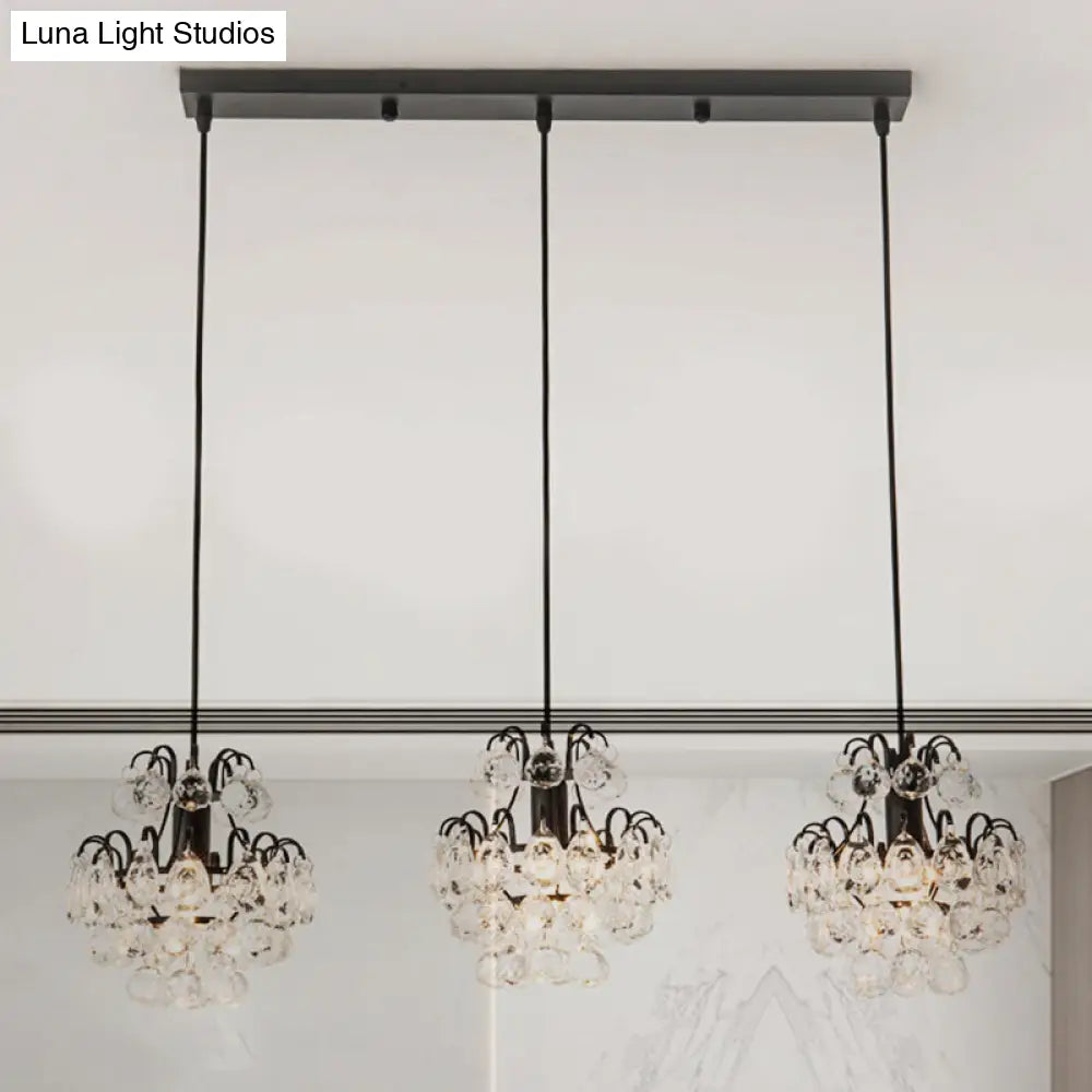 Modern Metal 3-Bulb Pendant Lamp With Clear Crystal Balls - Round/Linear Canopy Black/Gold Finish