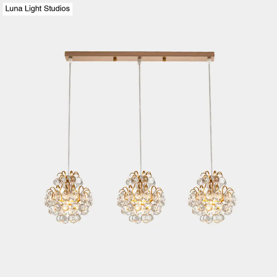 Modern Metal Pendant Light With Clear Crystal Balls And 3 Bulbs - Round/Linear Canopy Black/Gold