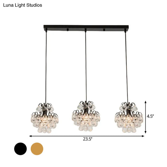 Modern Metal Pendant Light With Clear Crystal Balls And 3 Bulbs - Round/Linear Canopy Black/Gold