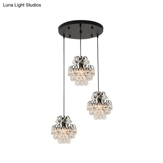 Modern Metal 3-Bulb Pendant Lamp With Clear Crystal Balls - Round/Linear Canopy Black/Gold Finish