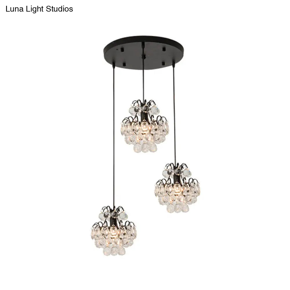 Modern Metal Pendant Light With Clear Crystal Balls And 3 Bulbs - Round/Linear Canopy Black/Gold