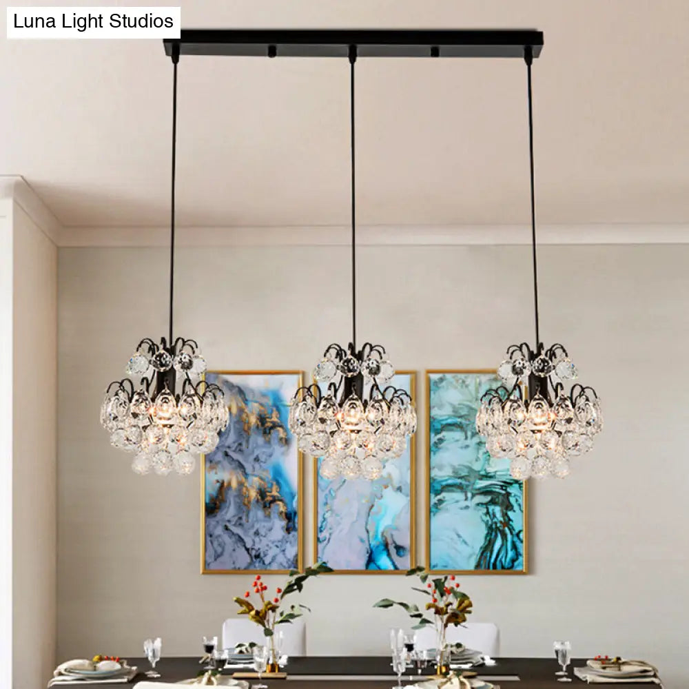 Modern Metal 3-Bulb Pendant Lamp With Clear Crystal Balls - Round/Linear Canopy Black/Gold Finish