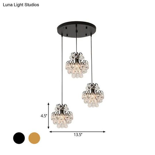 Modern Metal 3-Bulb Pendant Lamp With Clear Crystal Balls - Round/Linear Canopy Black/Gold Finish